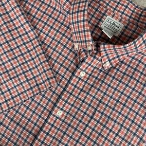LL Bean Shirt Mens Button Down Short Sleeve Red White Blue Plaid Cotton XXXLTall
